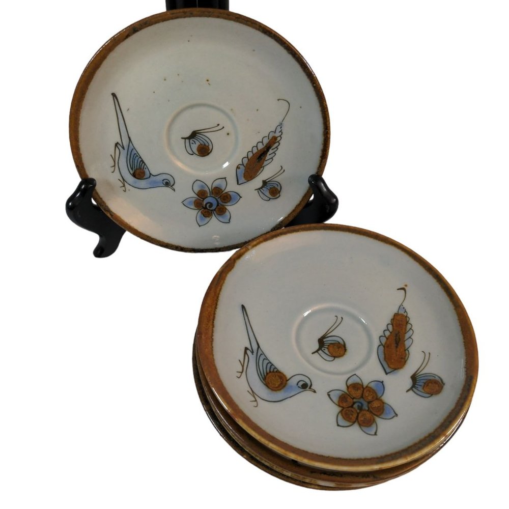 VTG Ken Edwards Tonala Mexico Pottery Set 5 Saucers El Palomar Blue Birds 6.5"